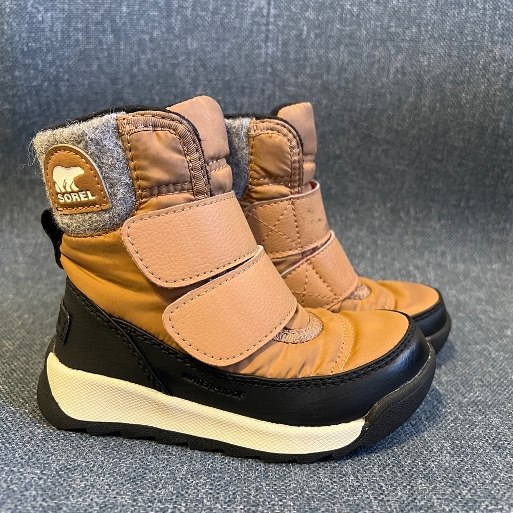 Sorel Whitney 2 Strap Waterproof Pull On Velcro Snow Boots Tan Gray and Black 8